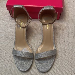 Silver sparkle heels with open toe, ankle strap and chunky heel shoes by Ankis